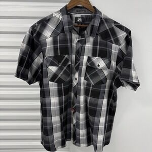Rock & Republic Plaid Button Up Shirt Mens XXL Black Gray Short Sleeve